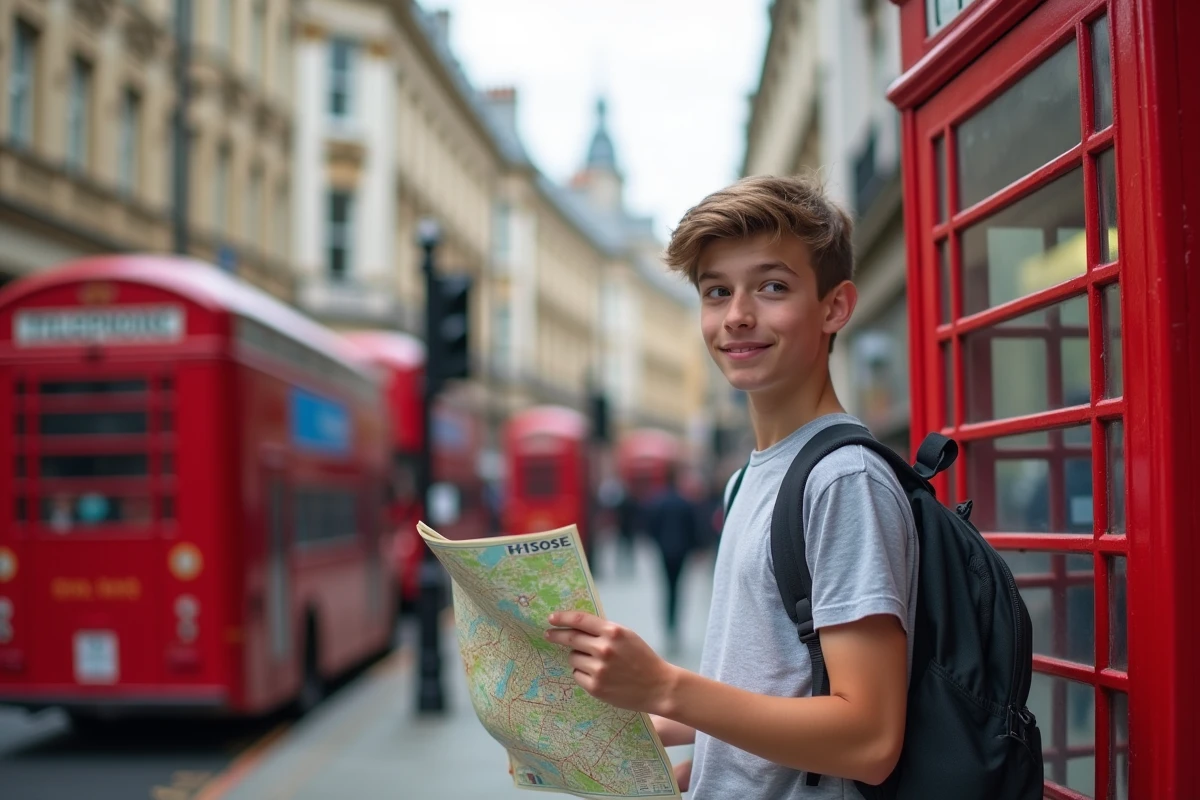 Adolescent en séjour linguistique à Londres tenant une carte devant une cabine téléphonique rouge britannique