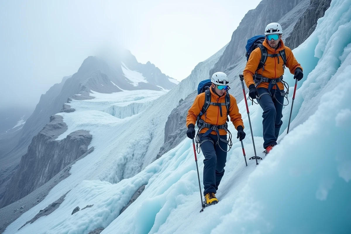 Deux alpinistes équipés de crampons progressant sur un glacier des Alpes suisses sous un ciel nuageux