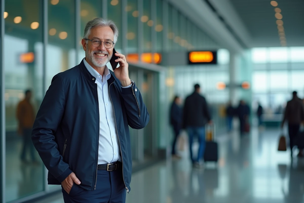 Homme appelant un proche depuis le terminal de départ d'un aéroport international avant son voyage à l'étranger