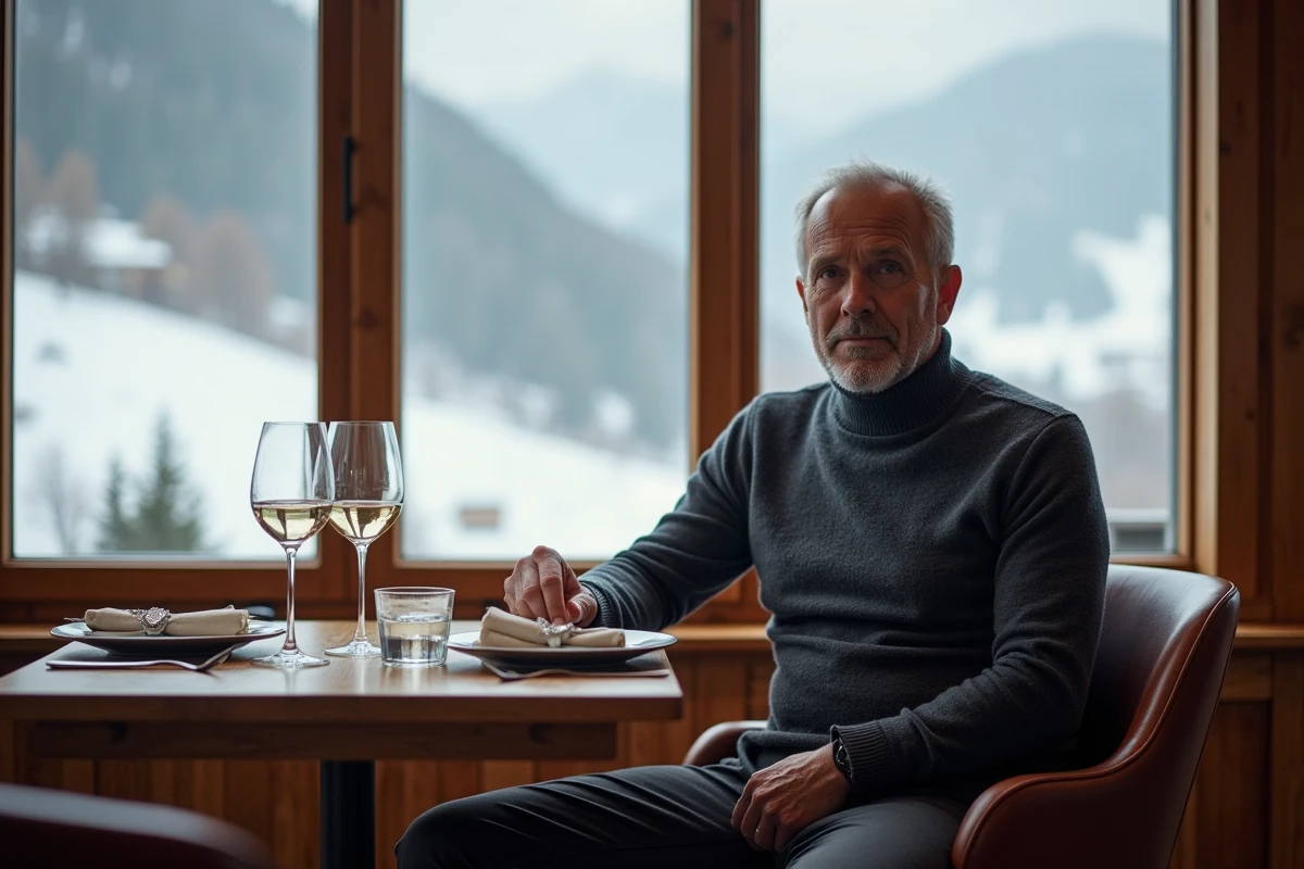 Homme aisé en tenue après-ski dans un restaurant de chalet de luxe avec vue panoramique sur les montagnes enneigées