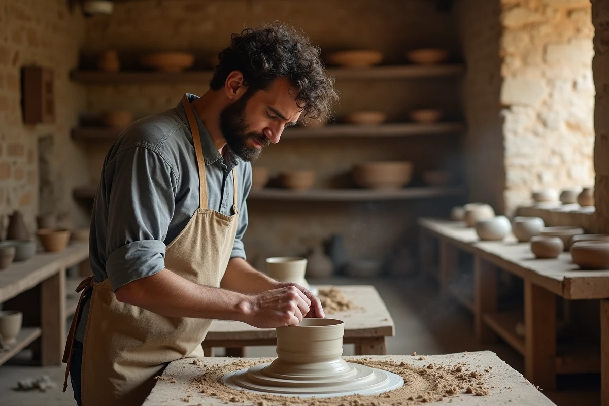 Artisan céramiste transmettant des techniques traditionnelles à des visiteurs dans un atelier en pierre historique