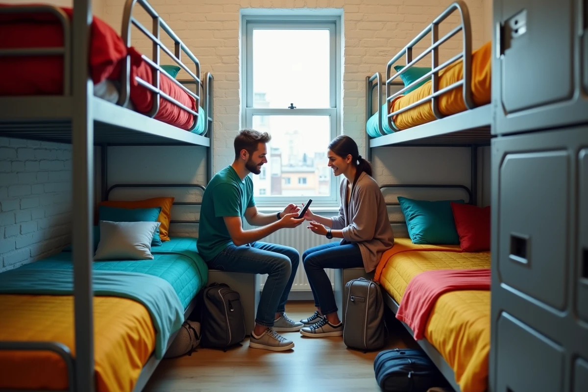 Deux jeunes voyageurs discutant dans un dortoir d'auberge de jeunesse moderne avec lits superposés et casiers