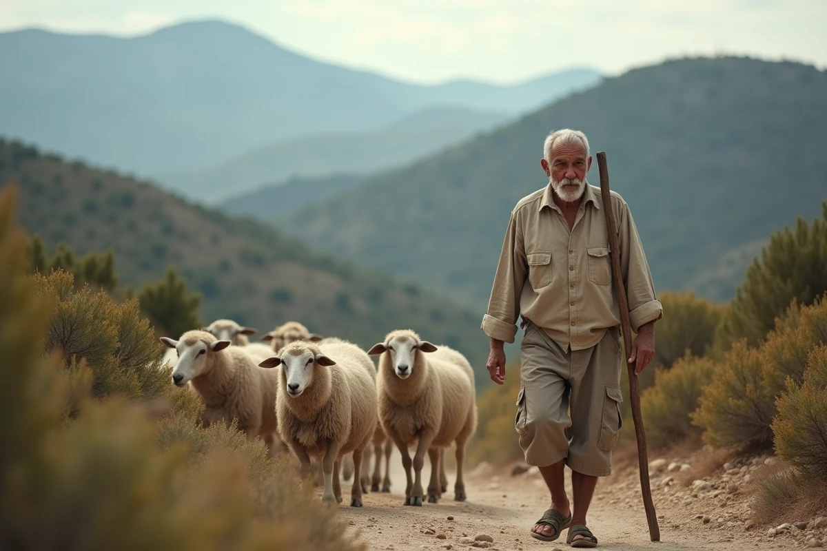Berger corse avec troupeau de brebis sur un chemin sauvage dans la vallée du Niolo en Corse