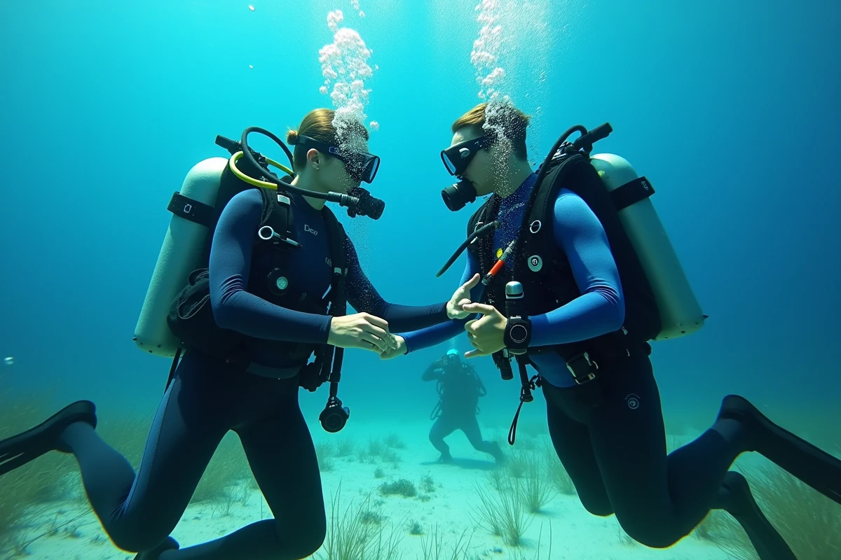 Deux plongeurs en binôme échangeant des signaux sous l'eau tandis qu'un plongeur isolé apparaît seul en arrière-plan, soulignant l'importance du buddy diving