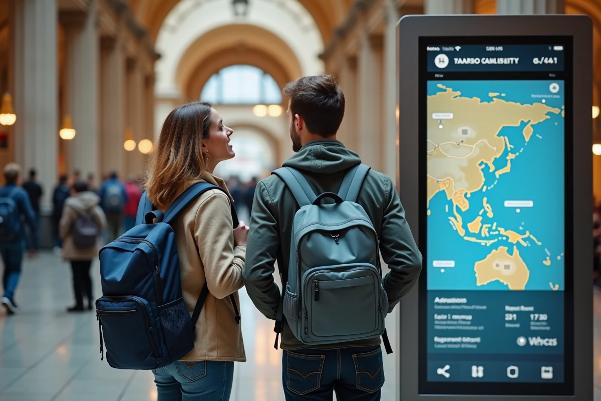 Couple de voyageurs consultant une borne d'information touristique interactive en gare