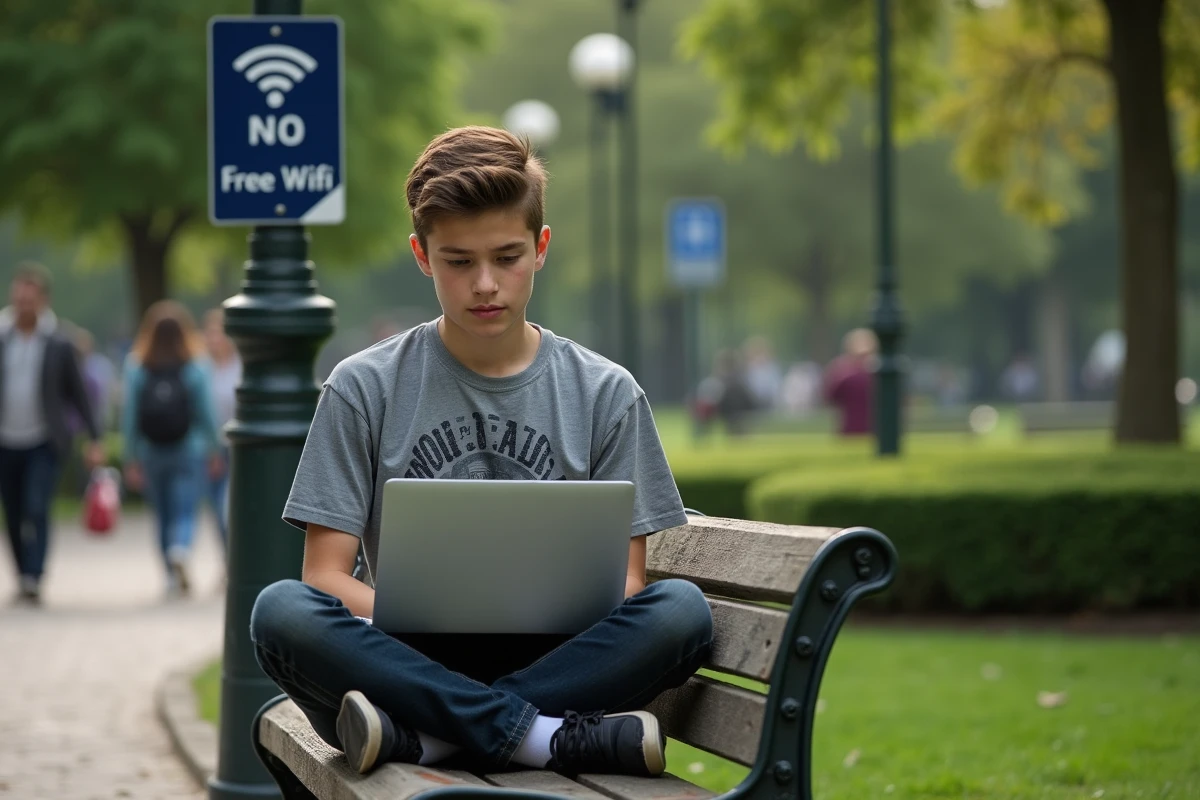 Adolescent utilisant une borne wifi municipale gratuite dans un parc public urbain