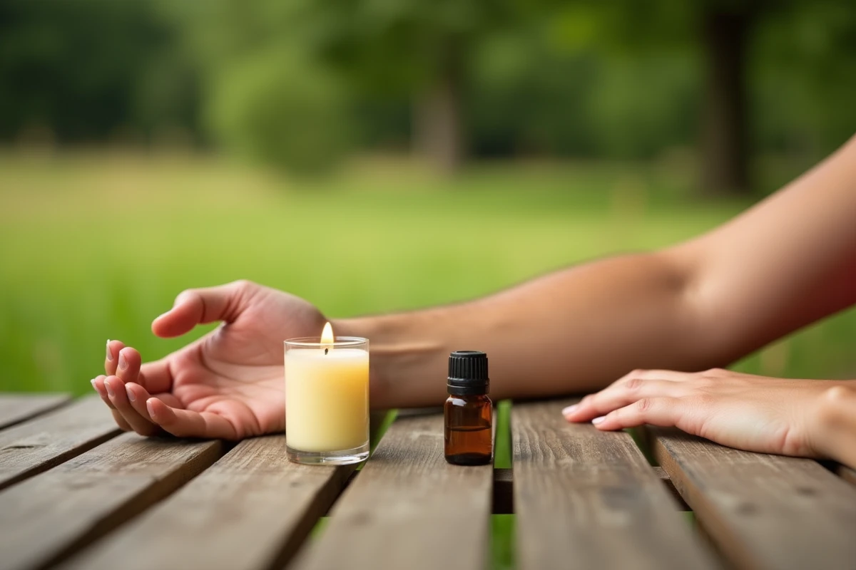 Bougie à la citronnelle et huile essentielle sur une table en bois pour éloigner les moustiques naturellement