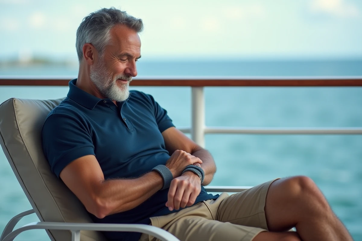 Homme utilisant un bracelet anti-nausée sur le balcon d'un bateau de croisière