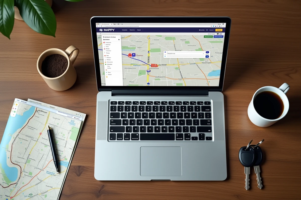Vue de dessus d'un bureau avec laptop affichant le planificateur d'itinéraire Mappy avec sélection de véhicule