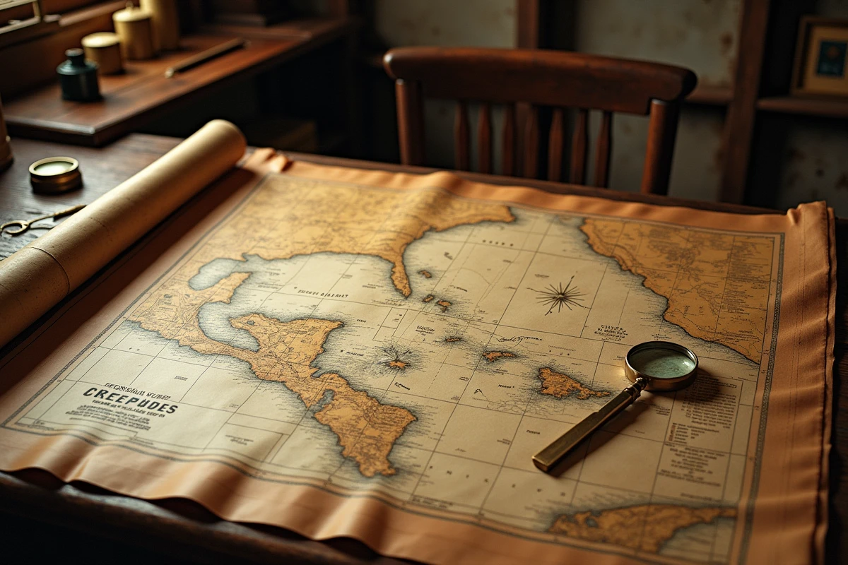 Carte nautique détaillée de la mer des Caraïbes et des Antilles françaises posée sur une table en bois avec des instruments de navigation anciens