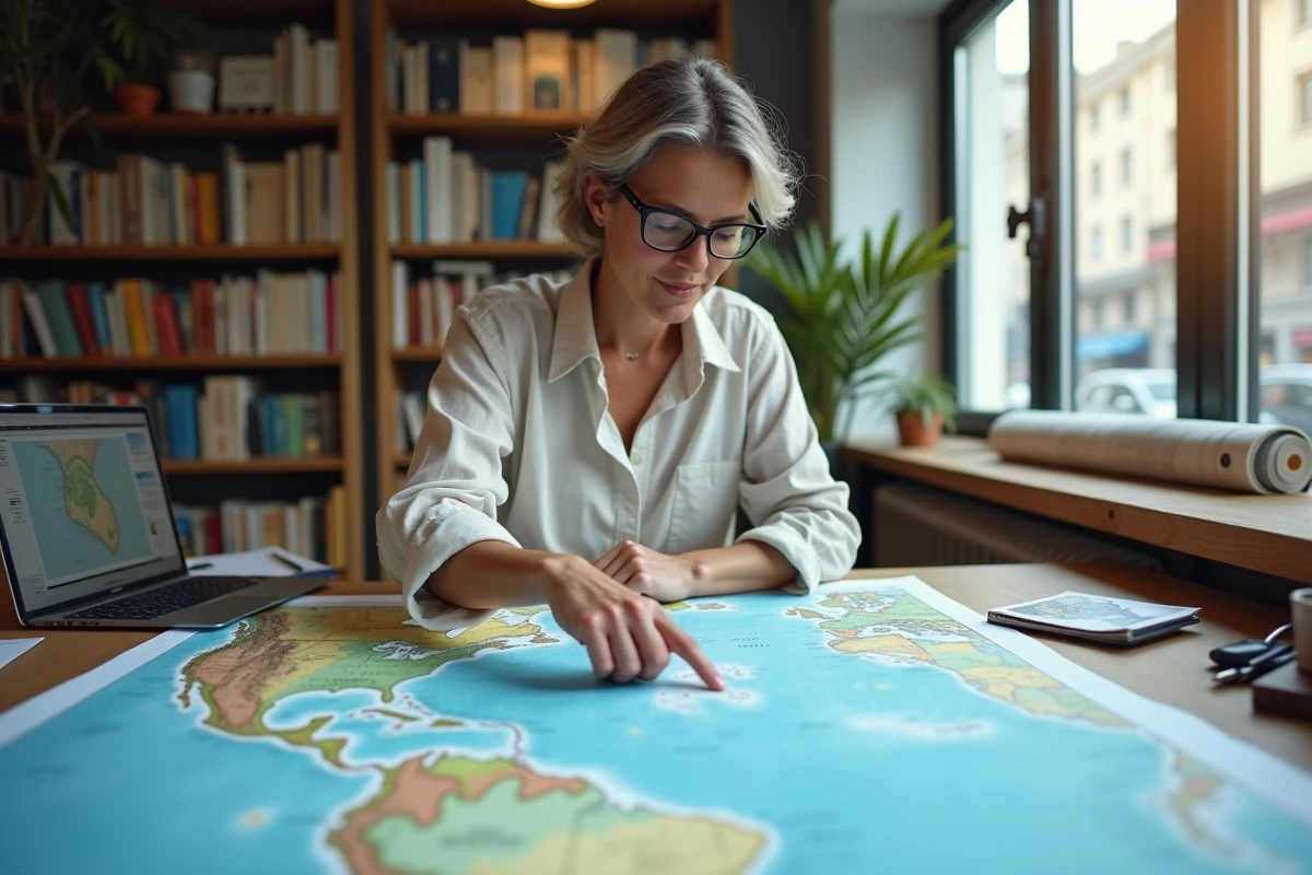 Cartographe comparant deux cartes géographiques des Caraïbes et des Antilles françaises dans un studio de cartographie moderne
