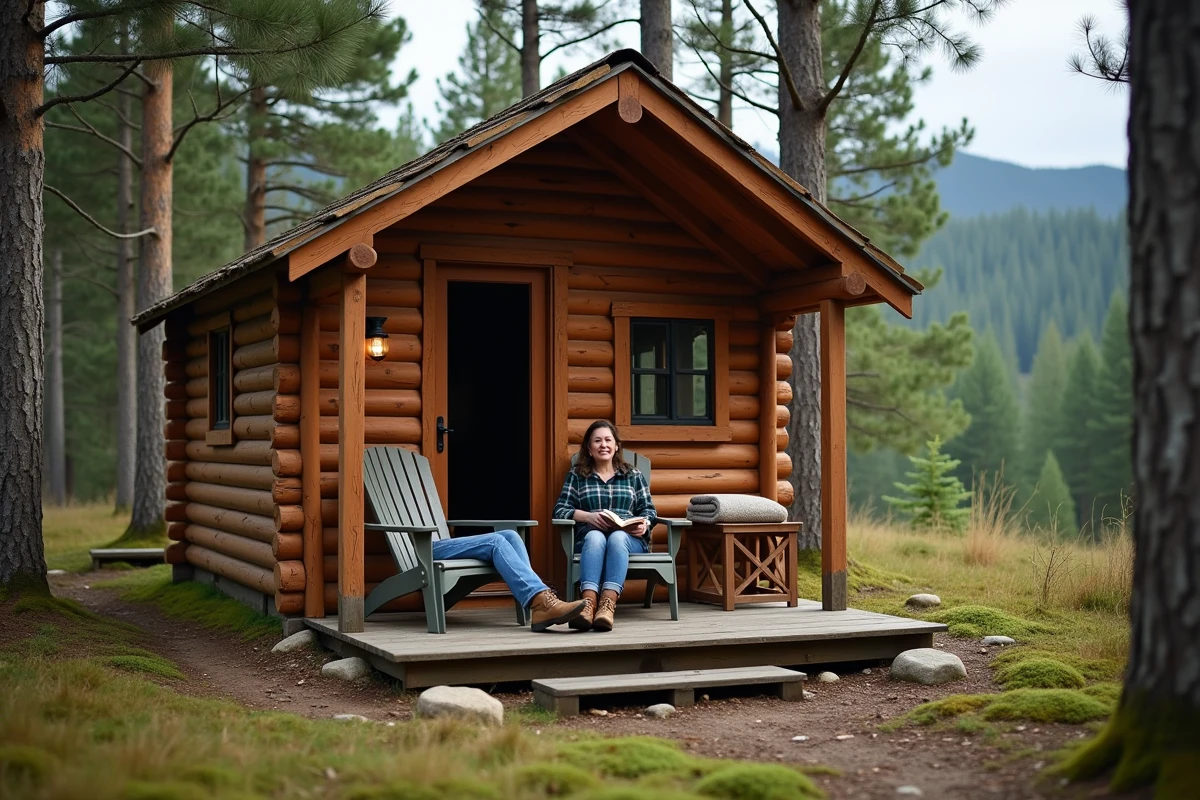 Femme en randonnée se reposant sur la terrasse d'un chalet en bois dans une forêt de pins en montagne