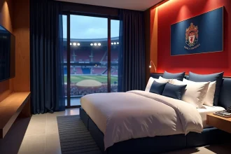 Chambre de luxe aux couleurs du PSG avec literie blanche et vue sur le Parc des Princes