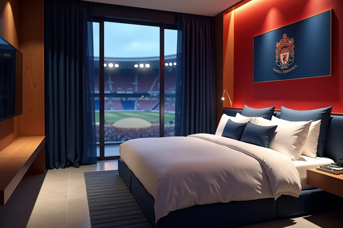 Chambre de luxe aux couleurs du PSG avec literie blanche et vue sur le Parc des Princes