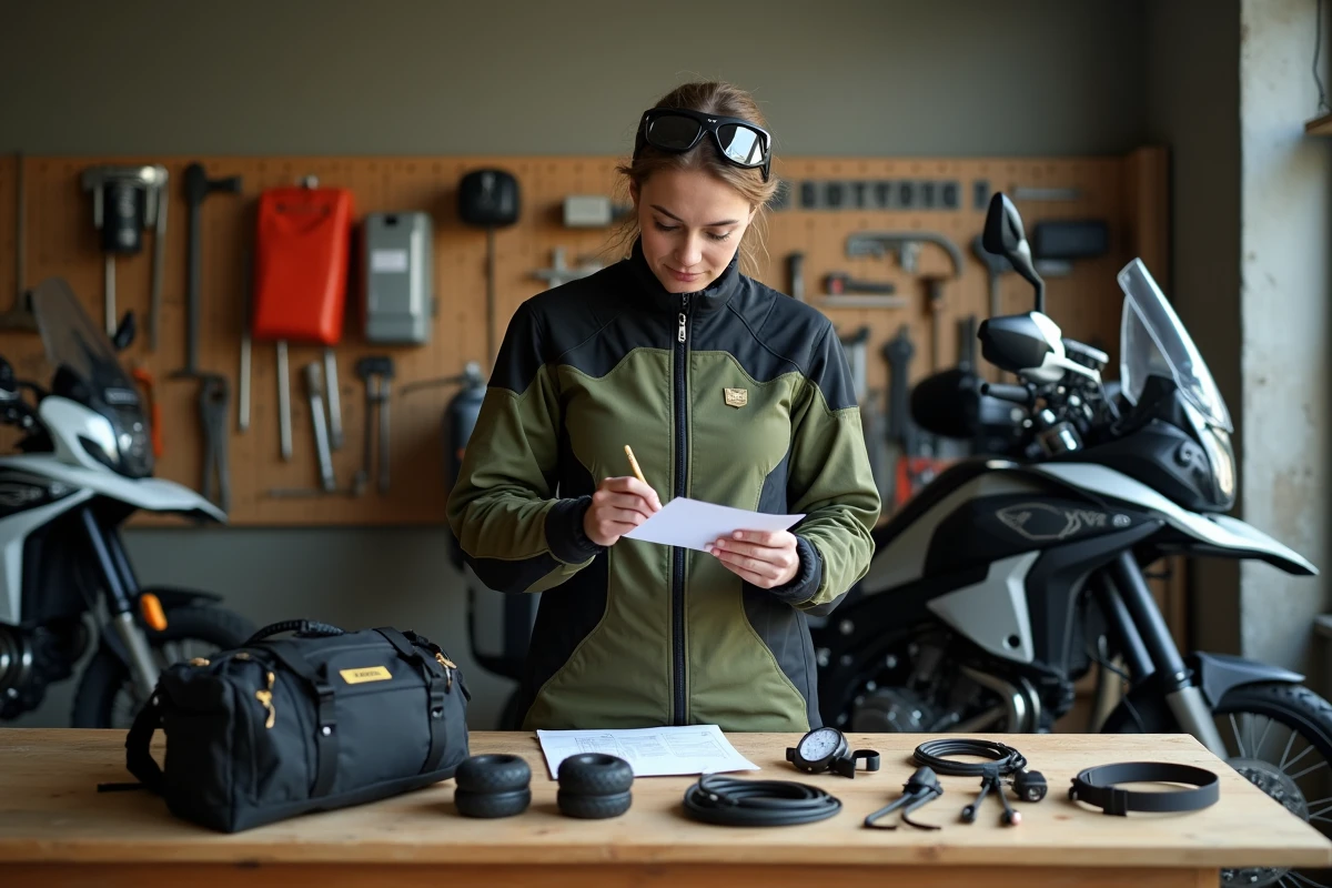 Motarde vérifiant sa check-list complète d'équipements de road trip moto dans un garage organisé