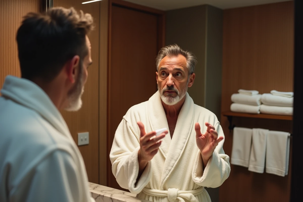 Client d'hôtel en peignoir blanc examinant un tube de dentifrice de courtoisie gratuit dans une salle de bain de luxe