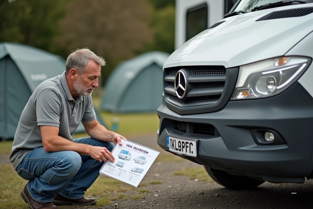 Homme comparant des brochures de camping-cars économiques sur un emplacement de camping municipal