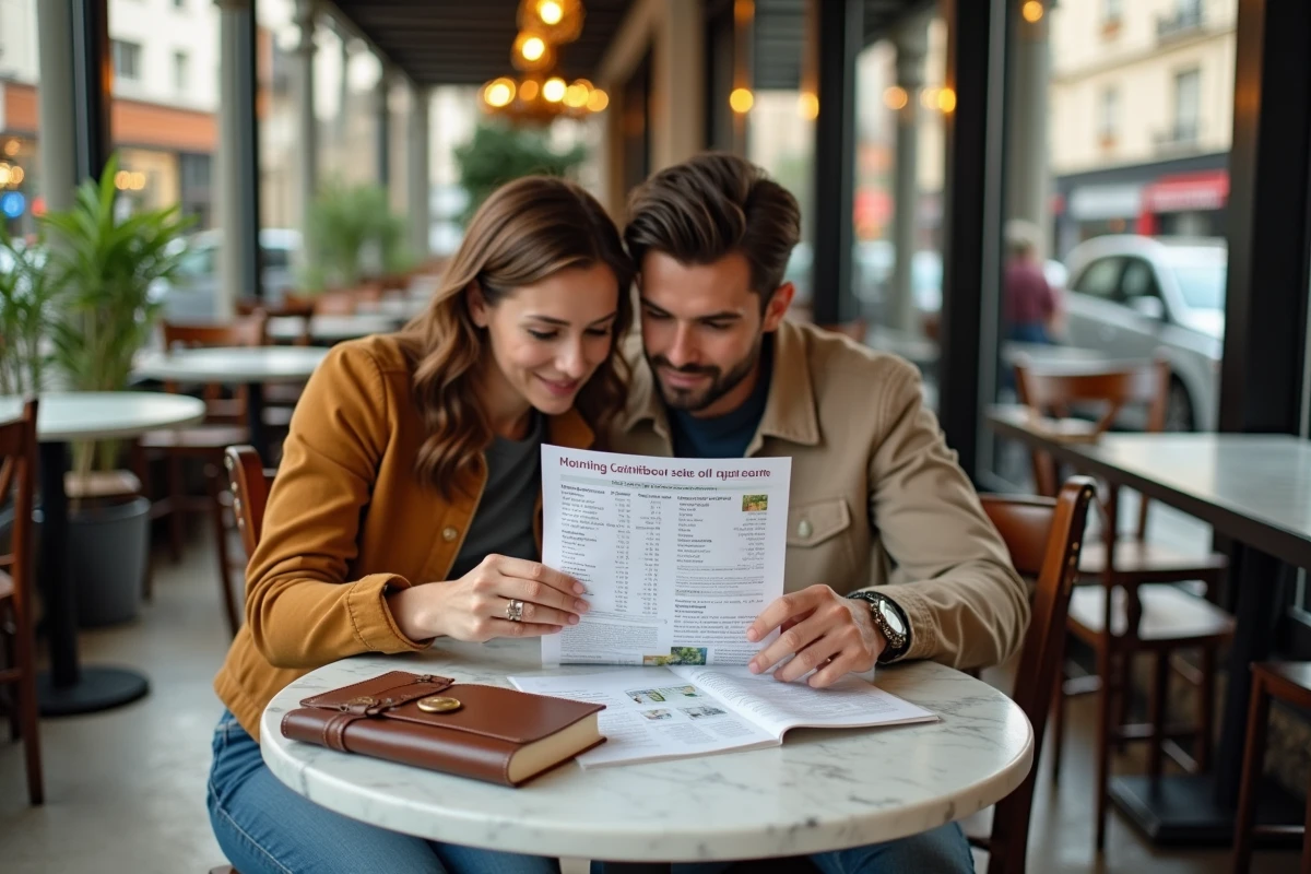 Couple comparant les prix d'hôtels dans un café avec un guide de voyage et un tableau de comparaison tarifaire