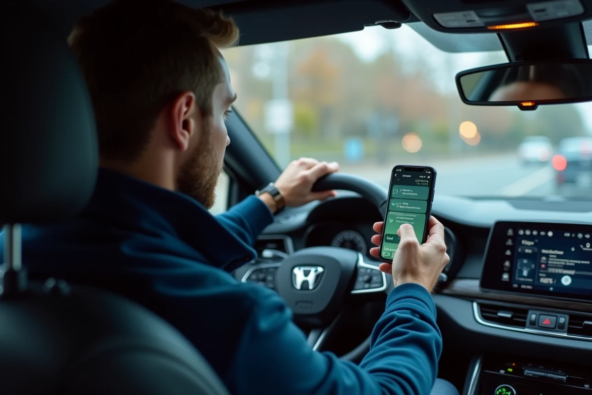 Conducteur paramétrant son itinéraire Mappy sur smartphone monté dans une voiture moderne