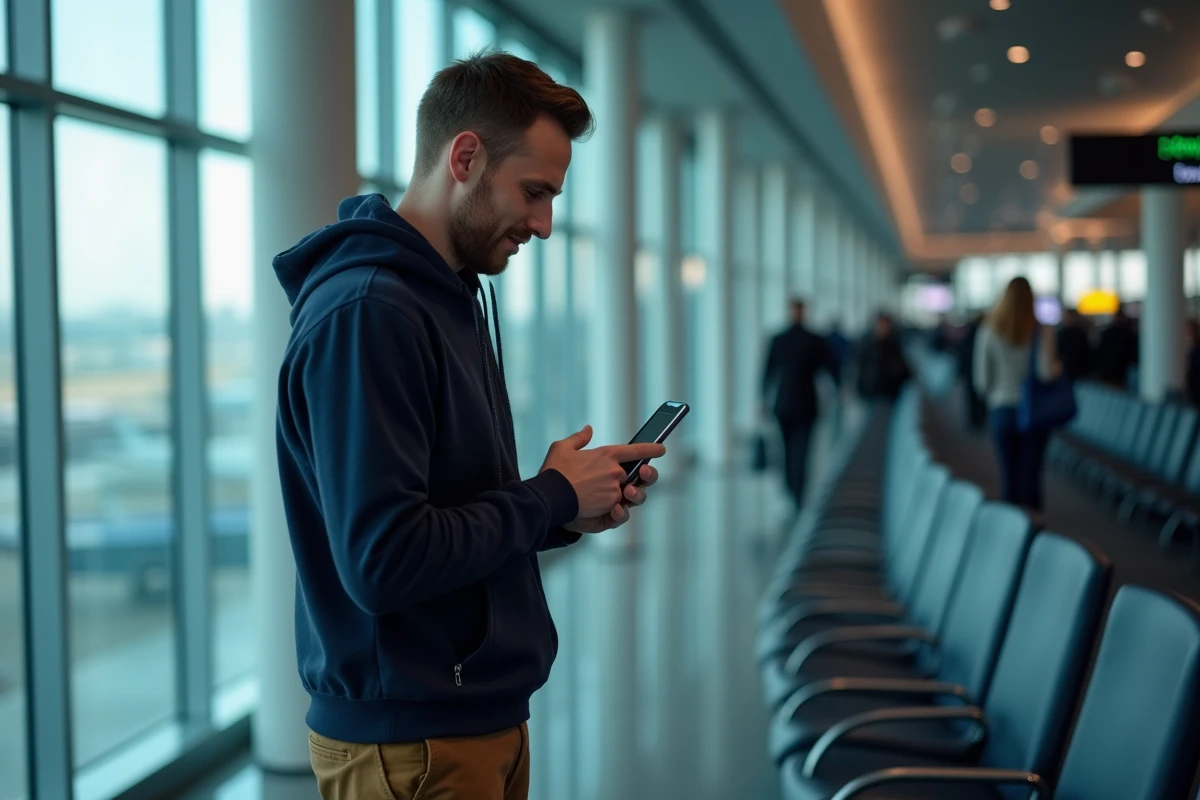 Homme connectant son smartphone à une borne wifi gratuite dans un aéroport international