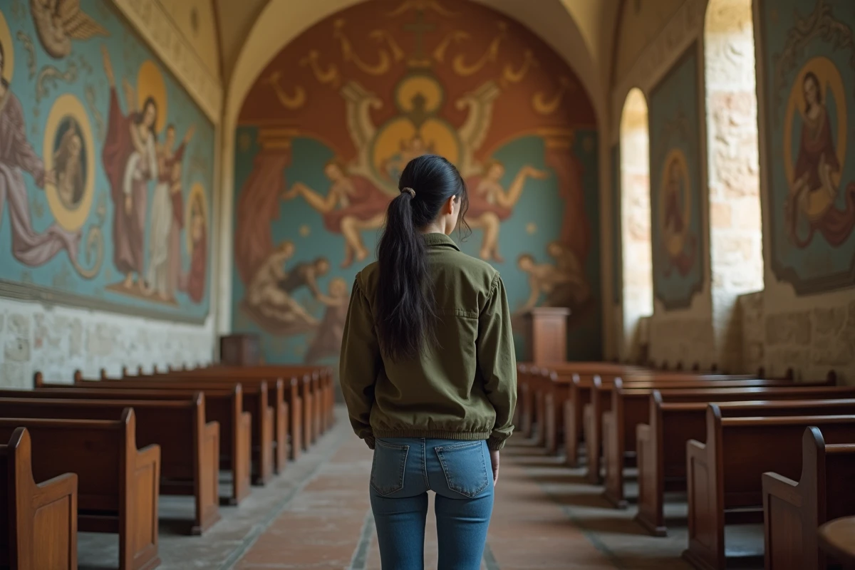 Jeune femme contemplant une fresque ancienne dans une chapelle historique, symbole de valorisation du patrimoine culturel