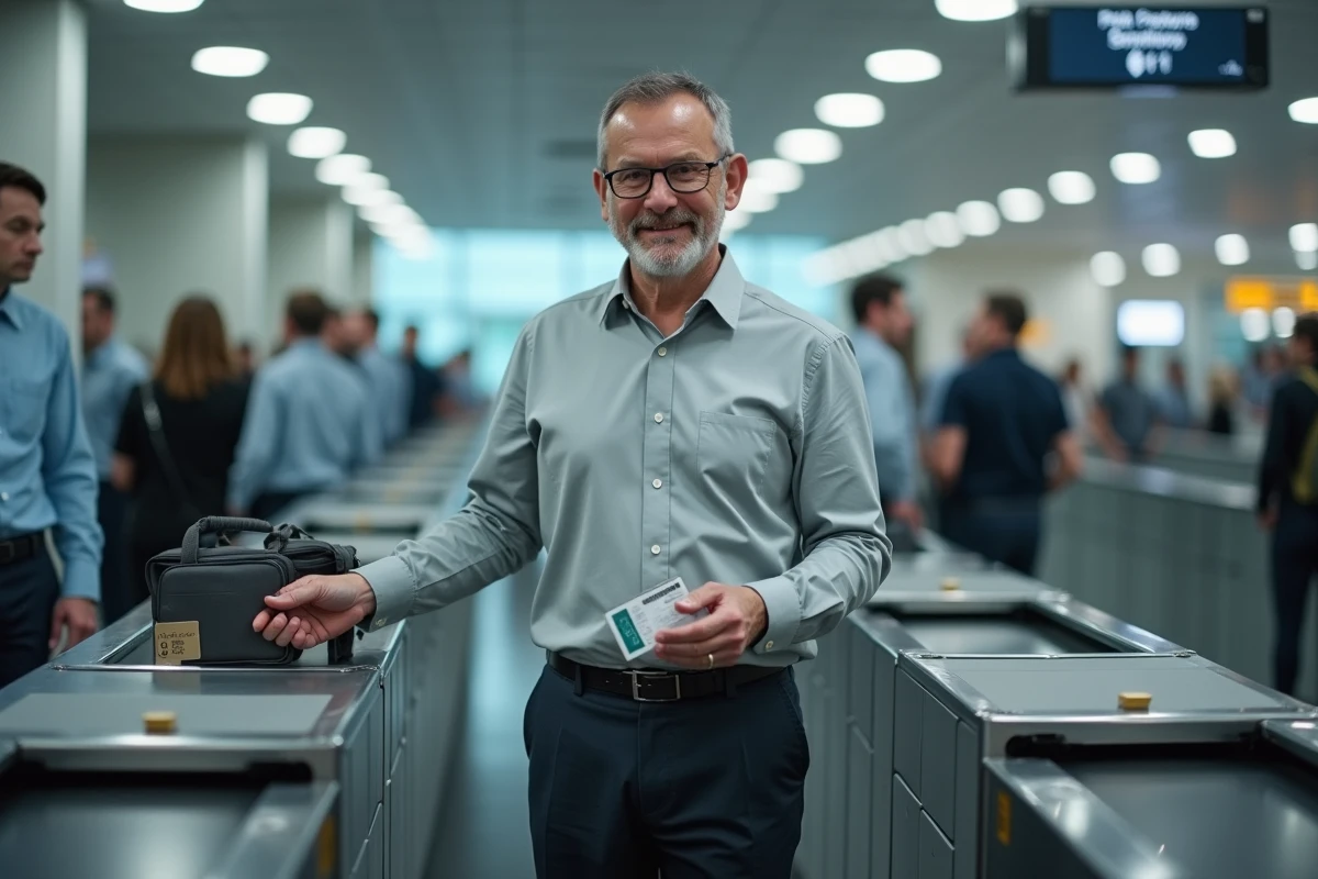 Homme déposant son permis de conduire sur le tapis de contrôle de sécurité à l'aéroport