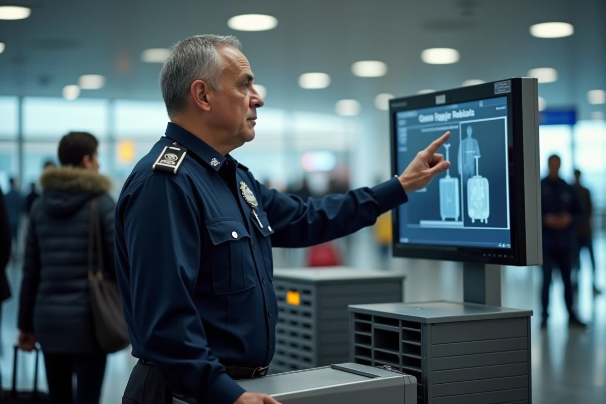 Agent de sécurité aéroportuaire montrant le scan aux rayons X d'une valise contenant des objets interdits