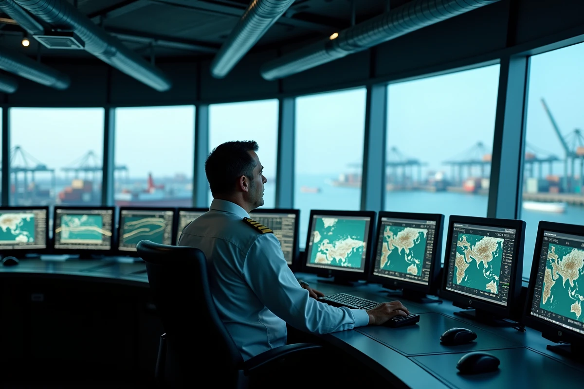Opérateur de trafic maritime surveillant les routes commerciales mondiales depuis un centre de contrôle portuaire