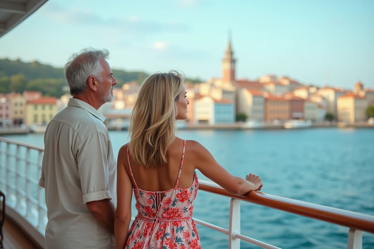 Couple de voyageurs en croisière tour du monde contemplant un port exotique depuis le pont du navire