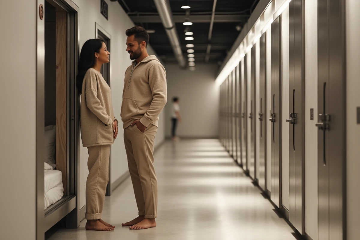 Couple en tenue décontractée observant une capsule de sommeil dans un couloir d'hôtel capsule moderne avec rangée de pods empilés