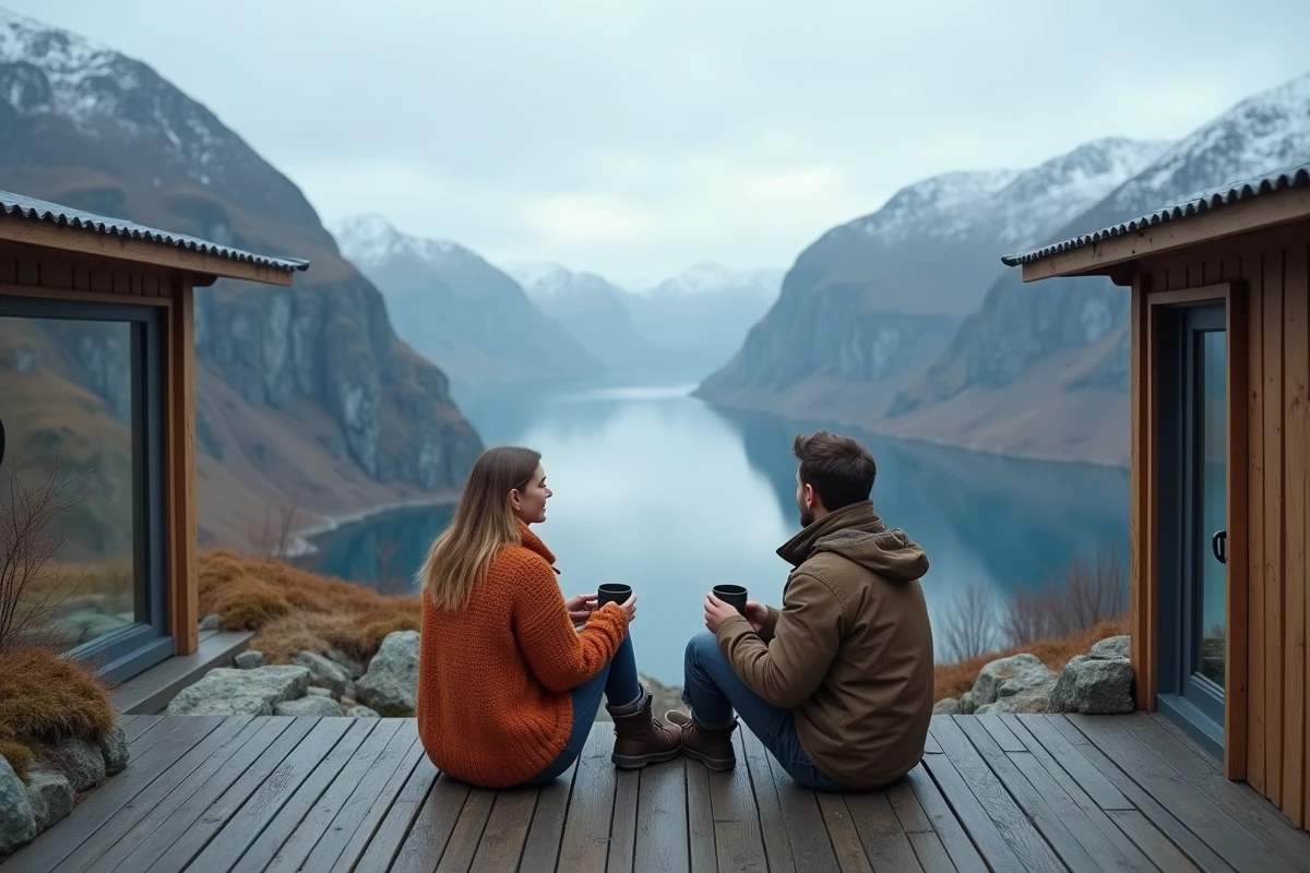 Couple devant un pod de glamping moderne sur une falaise surplombant un fjord scandinave brumeux