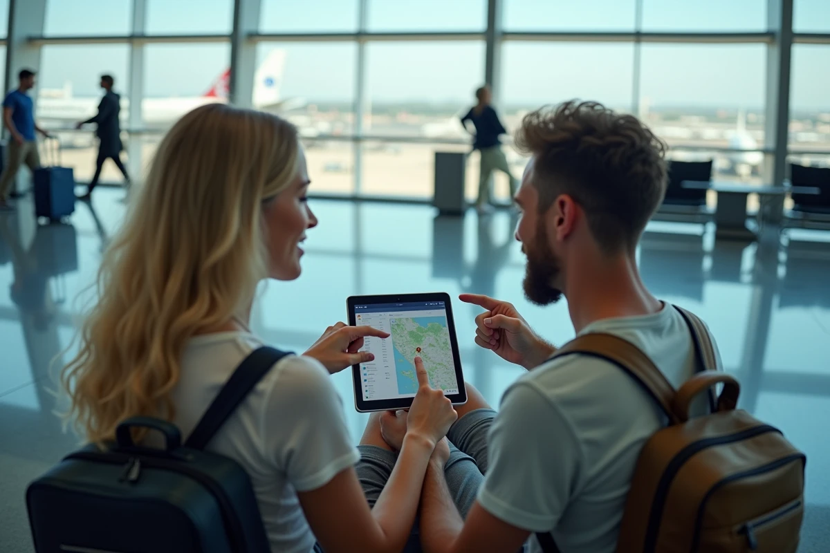 Couple comparant des vols sur Google Flights via une tablette dans un terminal d'aéroport international en période de haute saison