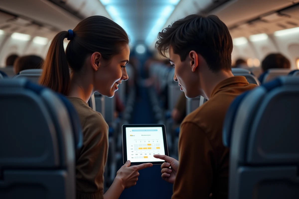 Couple planifiant un vol long-courrier économique sur tablette avec Google Flights à bord d'un avion