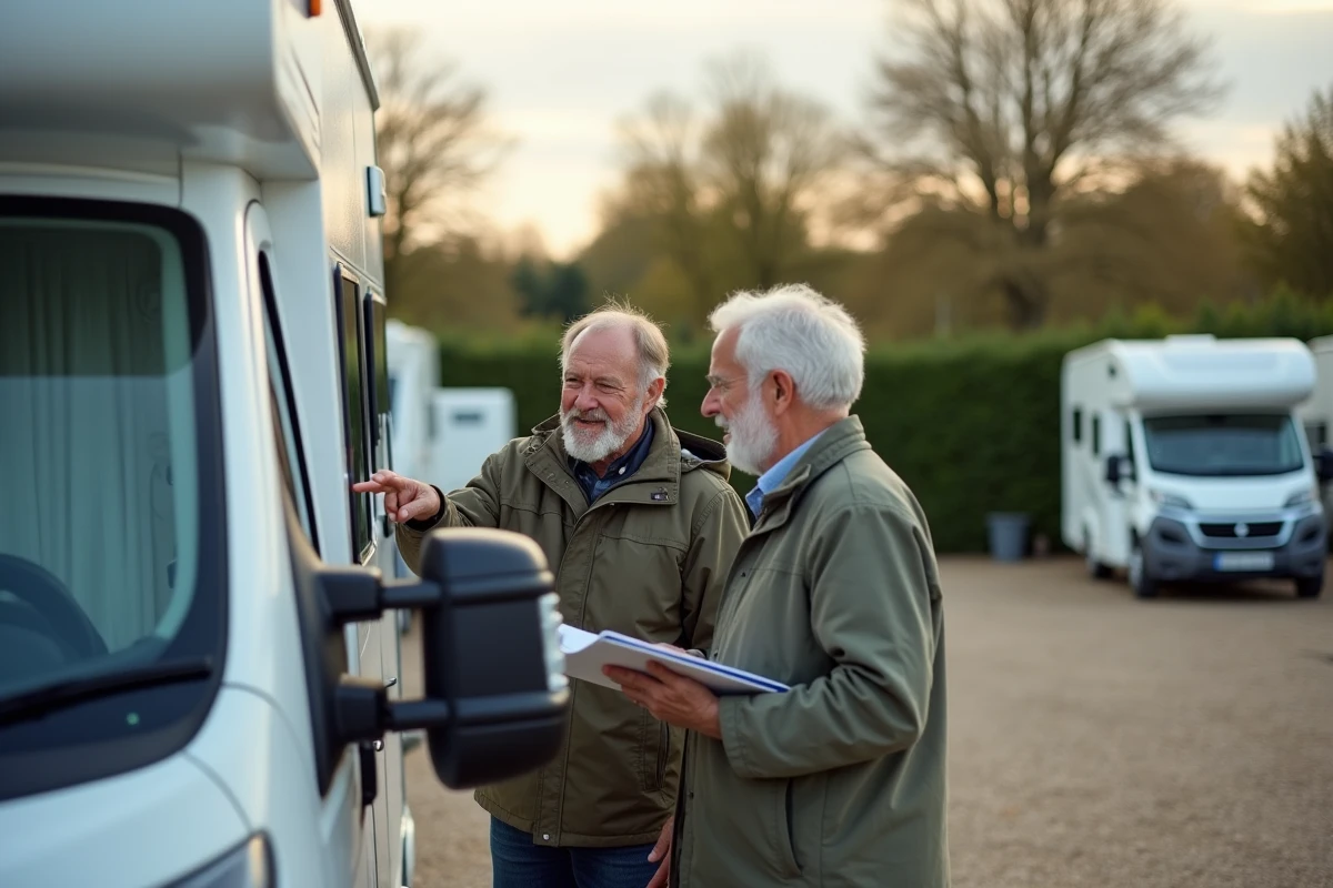 Couple de retraités inspectant l'état extérieur de leur camping-car sur un terrain de camping européen