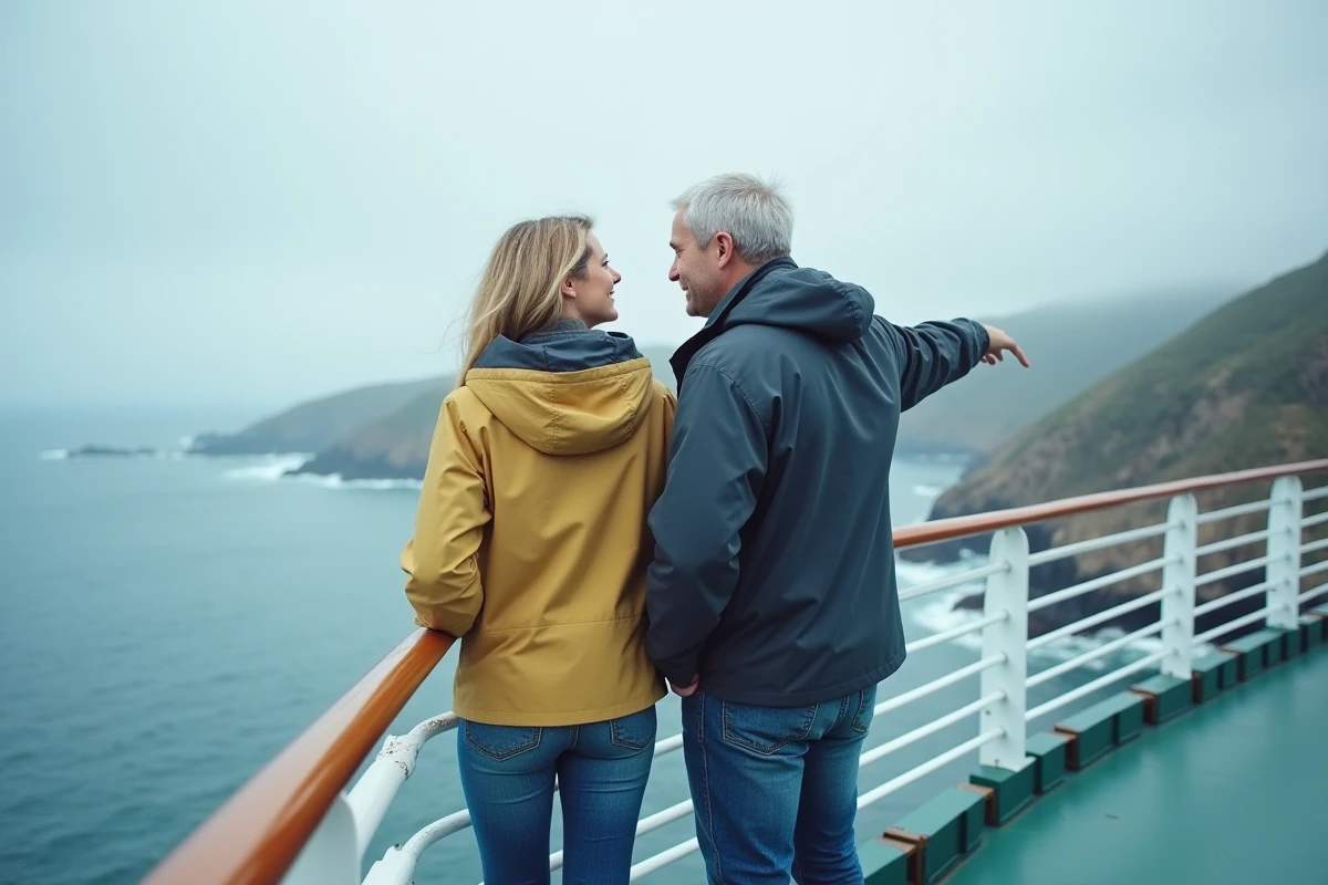 Couple sur le pont panoramique d'un navire de croisière contemplant la côte
