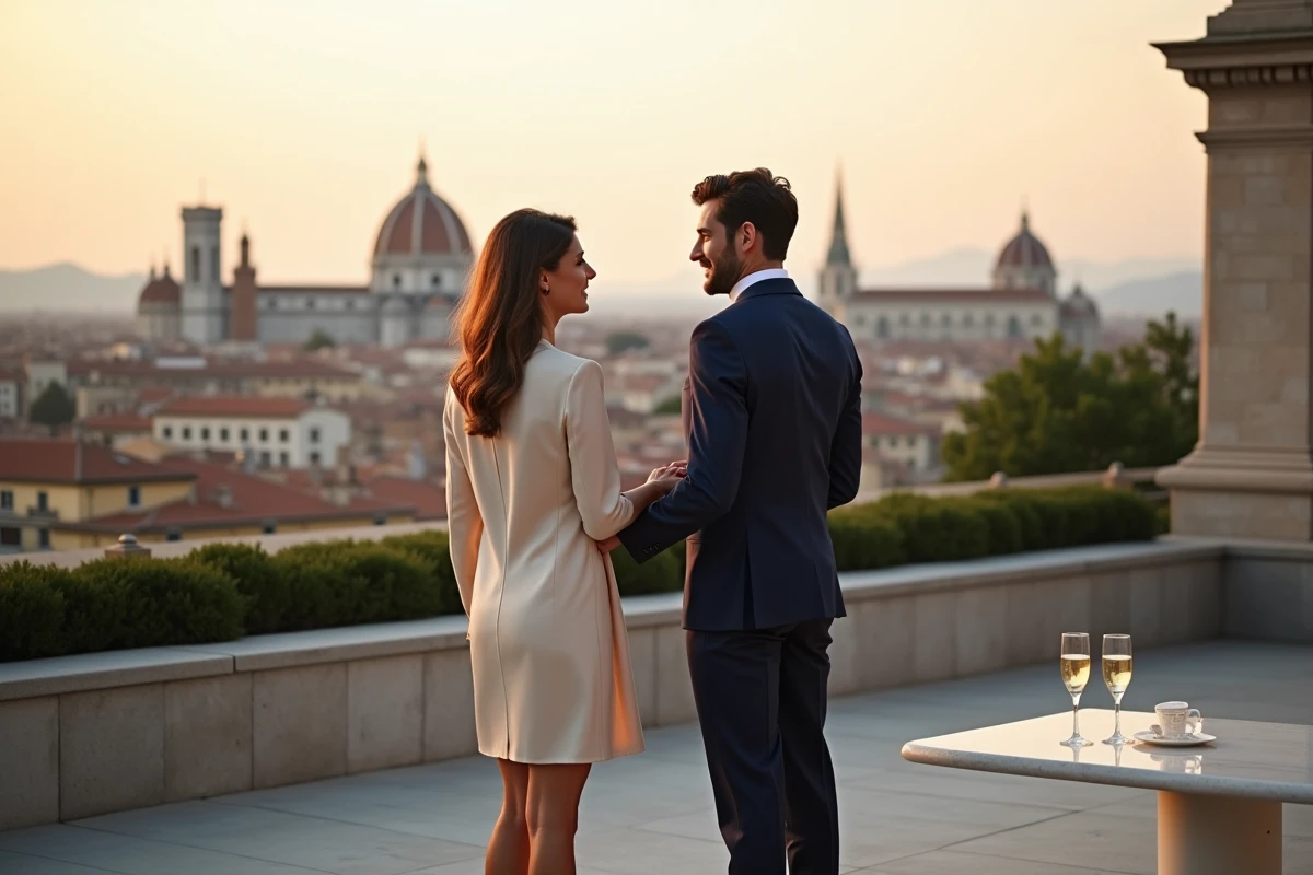 Couple élégant sur la terrasse privée d'un hôtel de luxe avec vue sur les toits d'une ville européenne historique au crépuscule
