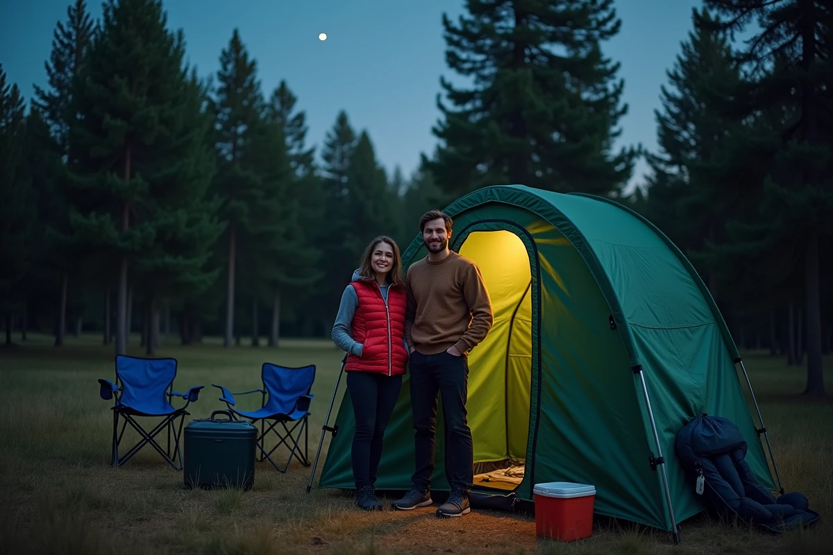 Couple de campeurs debout près d'une toilette de camping portable en pleine nuit en forêt