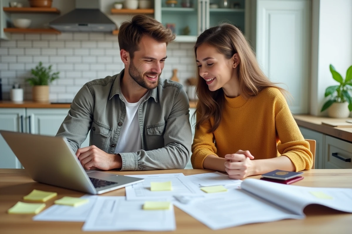 Couple vérifiant les conditions et documents requis pour obtenir un visa sur un ordinateur portable