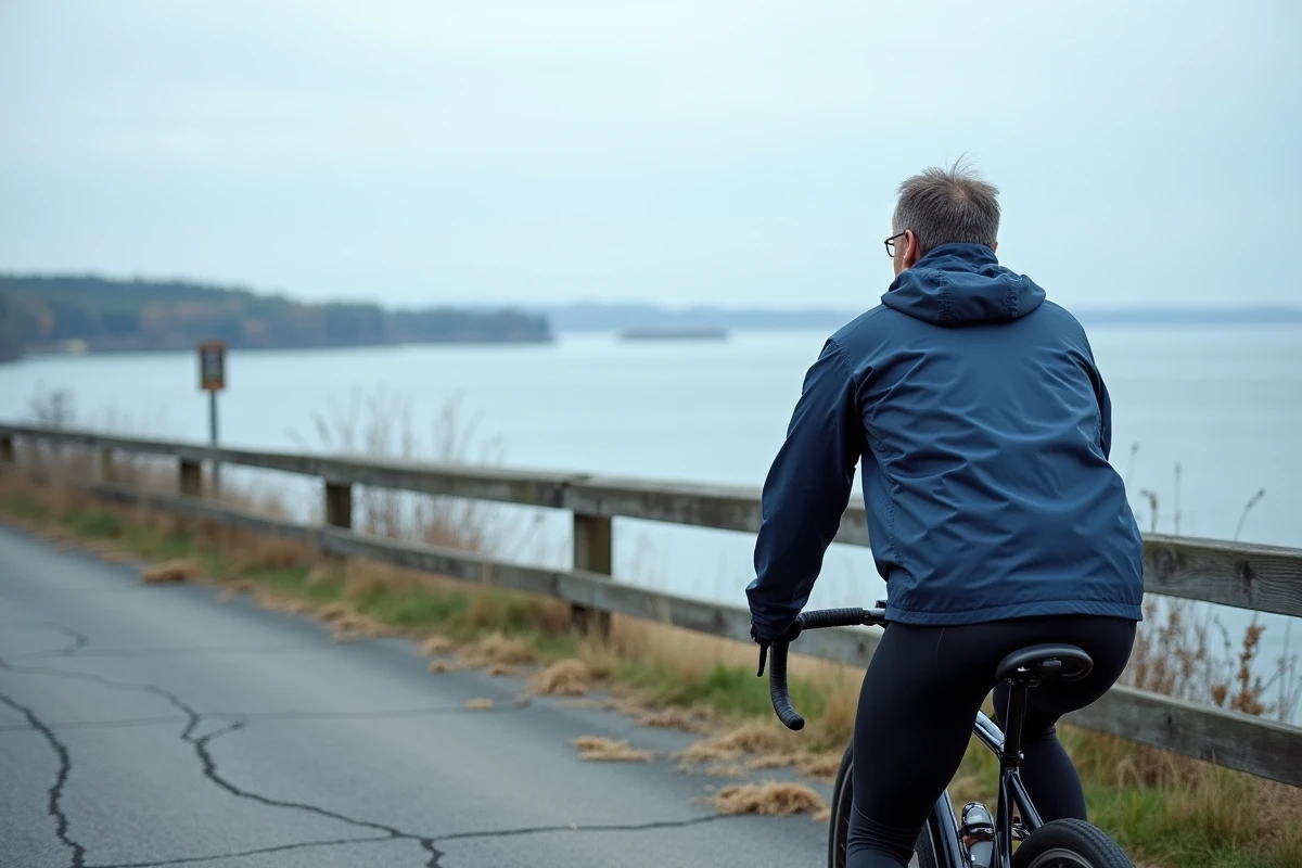 Cycliste masculin faisant une pause face au fleuve Saint-Laurent depuis un belvédère au Québec