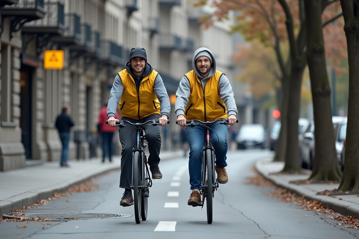 Deux cyclistes sur une piste cyclable urbaine bordée de bâtiments en pierre à Montréal