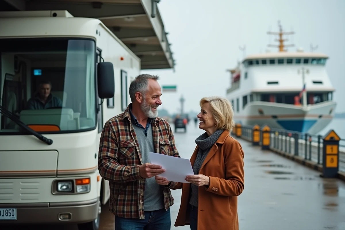 Couple en camping-car présentant leurs documents d'embarquement à un guichet de ferry