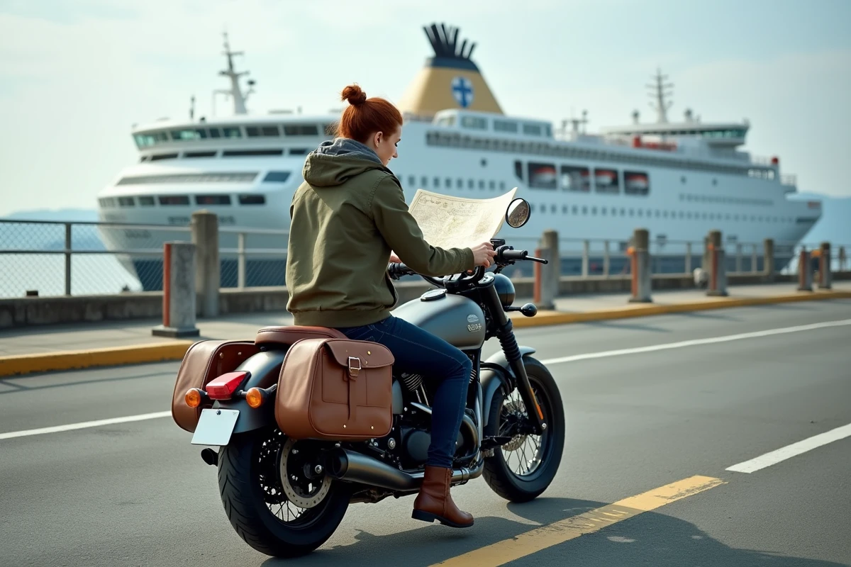 Femme à moto avec bagages attendant l'embarquement sur un ferry