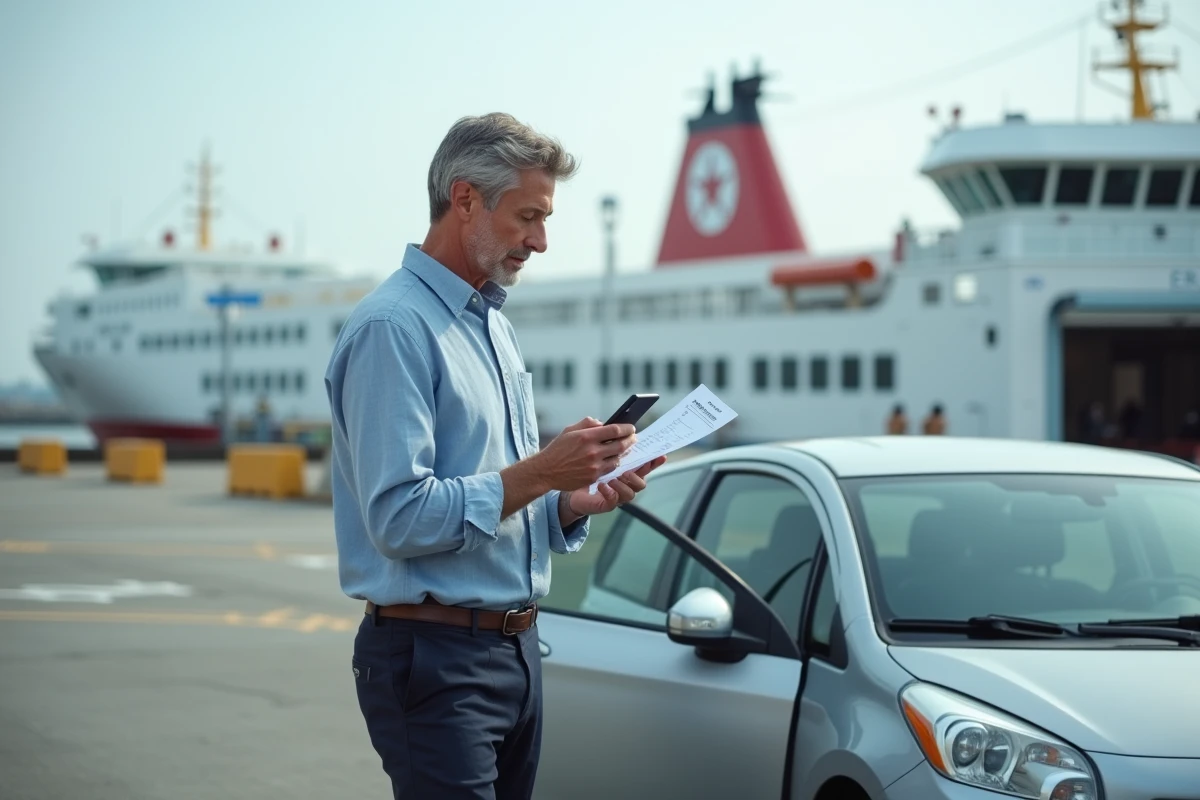 Homme tenant un billet d'embarquement à côté de sa voiture dans un terminal de ferry