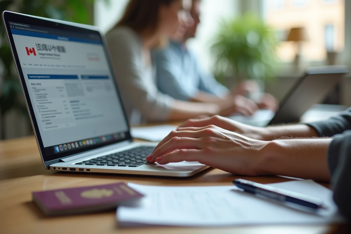Mains tapant sur un ordinateur pour une demande de visa en ligne sur le site du gouvernement canadien