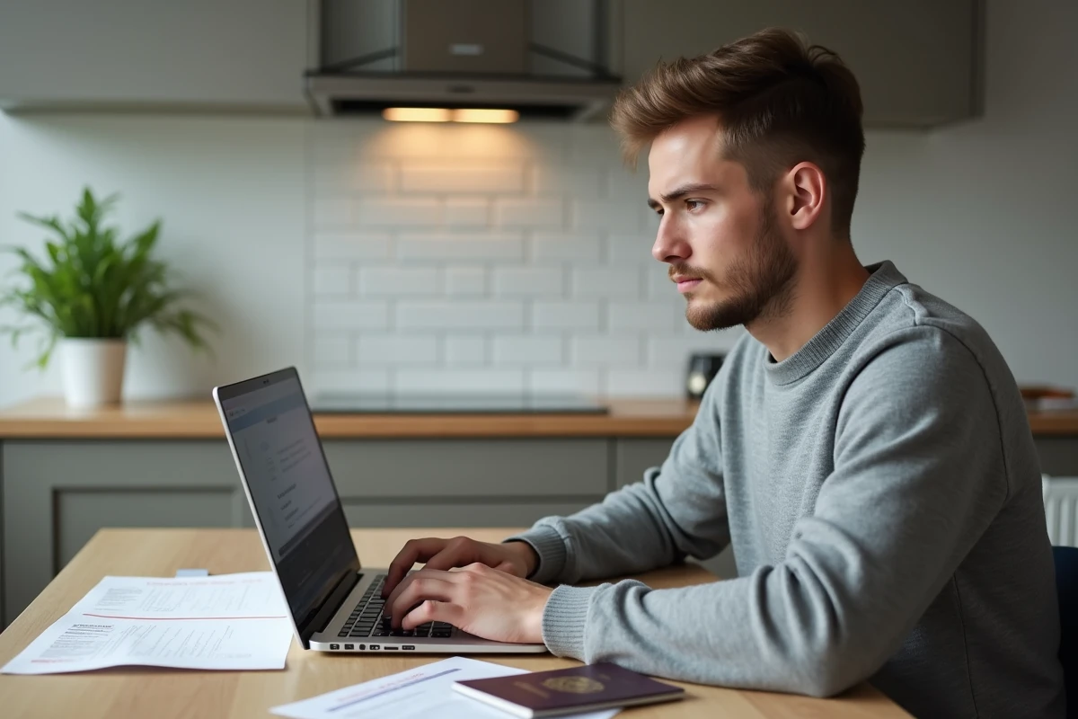 Un jeune adulte complète une demande de visa en ligne sur un ordinateur portable avec son passeport et une liste de documents