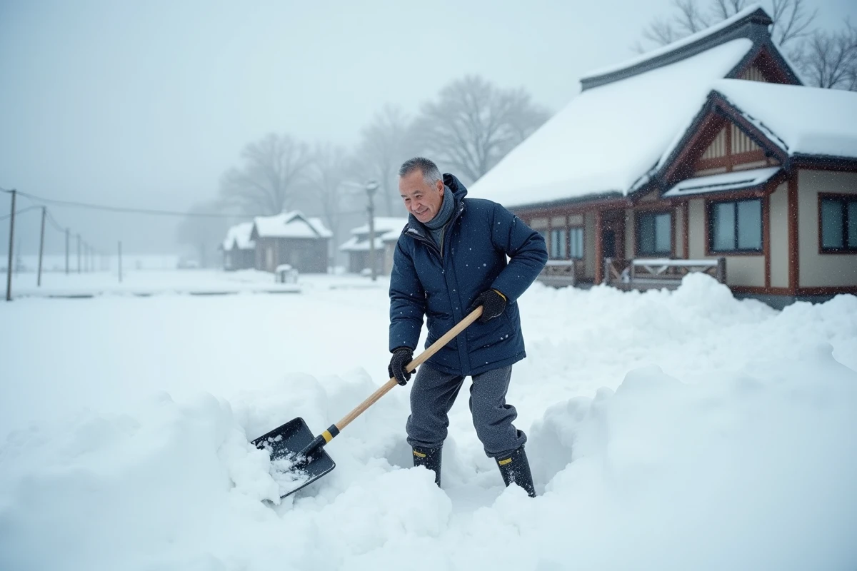 Homme japonais déneigant l'entrée d'une ferme traditionnelle gassho-zukuri sous une neige épaisse à Niigata