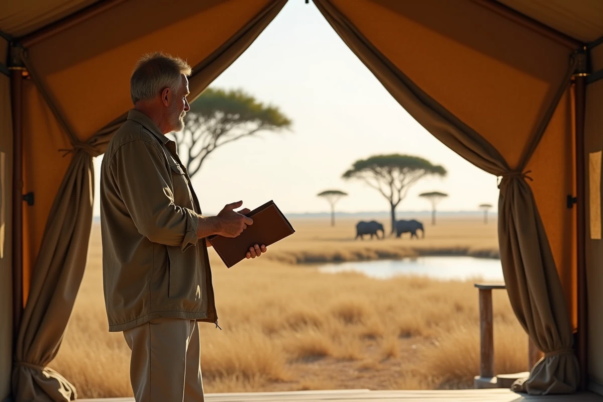 Homme en tenue safari devant une tente de luxe en Botswana avec vue sur la savane africaine et un éléphant au loin, illustration d'un safari exclusif et coûteux
