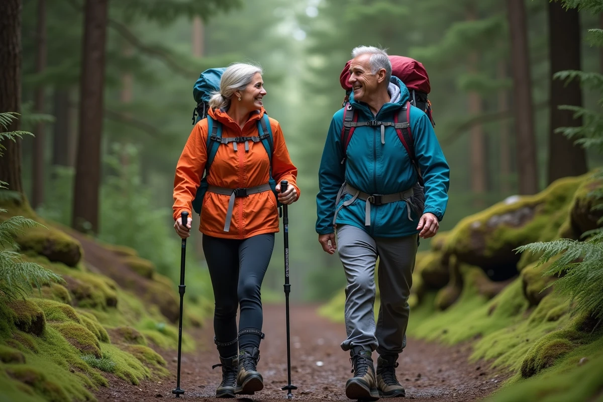 Deux amis sur un sentier forestier illustrant la différence entre équipement de randonnée et tenue de marche casual