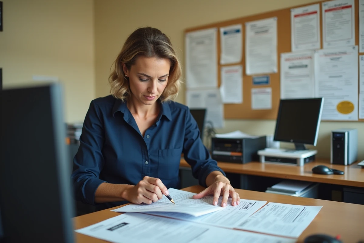 Une employée municipale gère les déclarations de taxe de séjour dans un bureau de l'office du tourisme