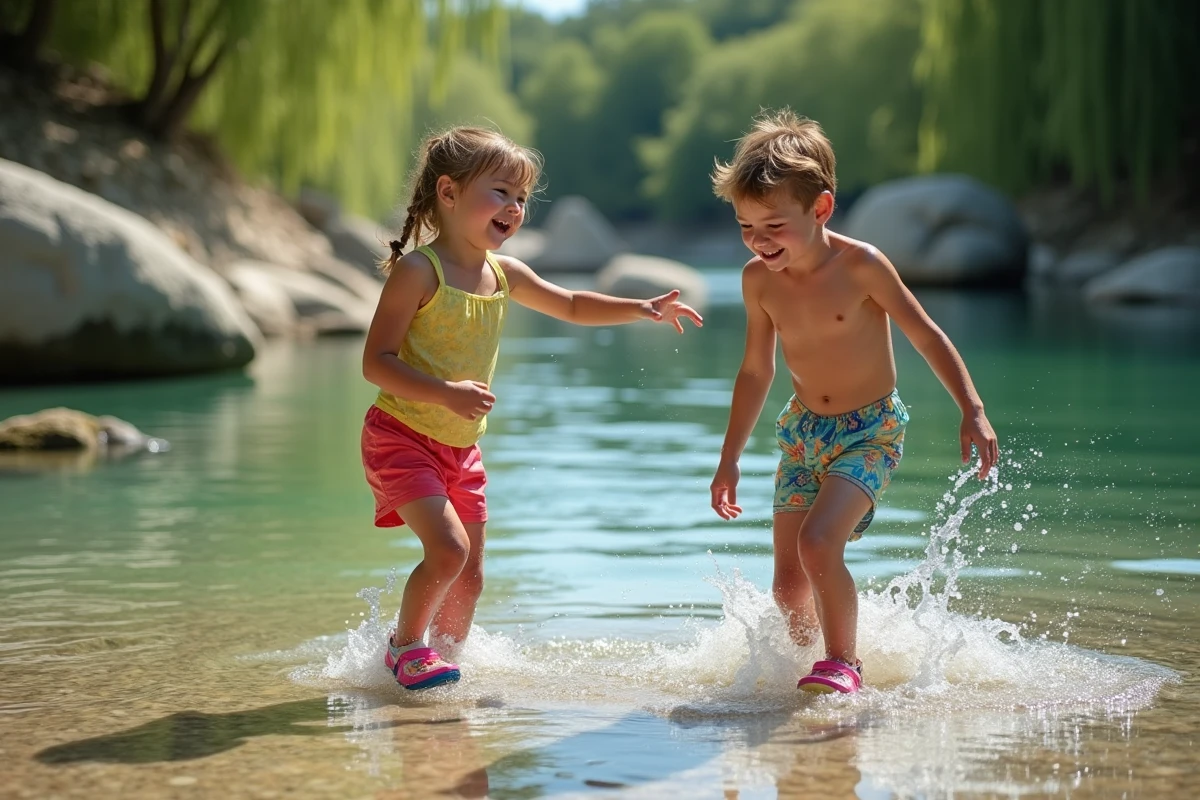 Enfants jouant dans les eaux claires de la rivière Ardèche sur une plage naturelle en été